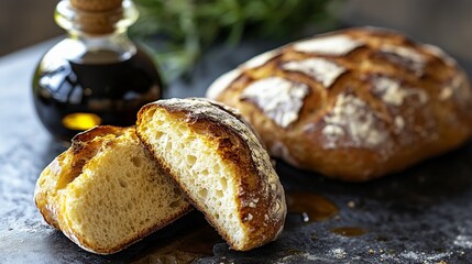 Artisan bread with olive oil and balsamic vinegar, focus on texture and quality