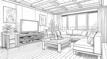 Modern living room interior with large sofa and television sketch