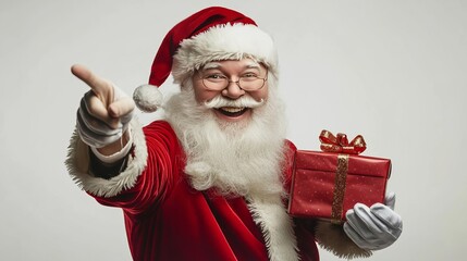 Santa offers a Christmas gift on a white backdrop.