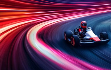 Go-kart racer speeding through a neon-lit track, colorful streaks of light trailing behind, capturing high-speed futuristic racing action