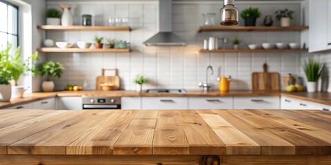 Empty wooden table in a modern kitchen with blurred background