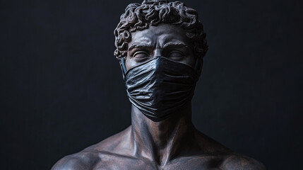 A classical sculpture of a man with a mask over his mouth, emphasizing the theme of silence or suppression, restriction of free speech, cancel culture