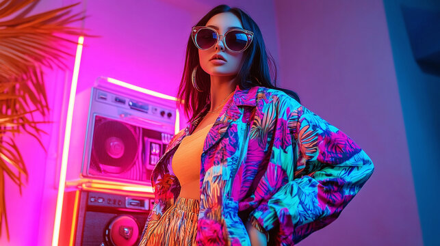 A young woman stands confidently with her hand on her hip, wearing a colorful jacket and sunglasses. The background features a retro boombox and neon lights that create an artistic vibe