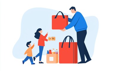 Illustration of a family putting together a grab-and-go emergency bag with all essentials, including food and water