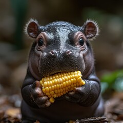 Fototapeta premium Adorable baby hippo munching on corn