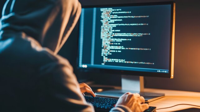 Hooded hacker working in a dimly lit room, computer screen displaying code, cybercrime or coding concept with a mysterious and intense tone