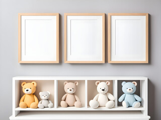 3 blank vertical frames mockup on wall for nursery wall art display, baby room three white frames mock up, wooden shelf, soft toys and wooden toys on shelf.