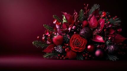   Red flowers and greenery on a black background with a red light centerpiece