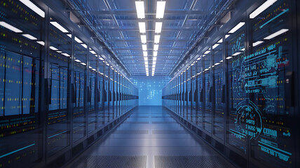 a high-tech data warehouse, featuring rows of modern servers with blinking lights in a vast, secure facility. Big data, data center, Server room
