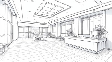 Modern clinic lobby interior design concept with seating area and reception desk