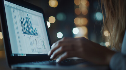 A close-up of a businesswoman&acirc;s hands typing on a laptop keyboard with a complex data report displayed on the screen, her focused eyes just visible above the edge of the laptop.
