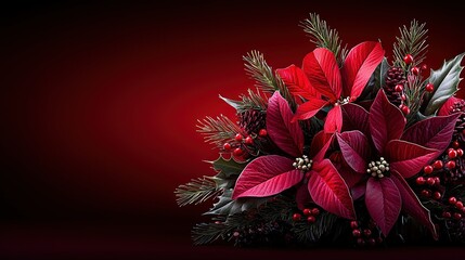 Obraz premium Red Poinsettias Bouquet on Dark Red Background with Red Light
