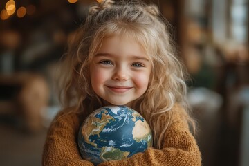 Naklejka premium young girl joyfully hugging a model of planet earth symbolizing unity and care for the planet set against a backdrop celebrating world childrens day