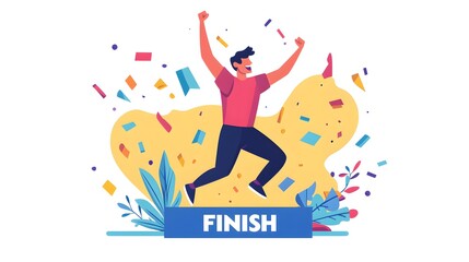 Flat illustration of the athlete crossing the finish line and celebrating victory