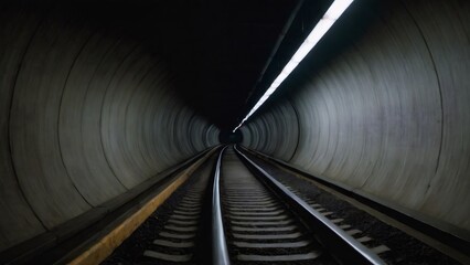 Dimly Lit Underground Tunnel with Train Tracks: A long, dimly lit underground tunnel with metal...