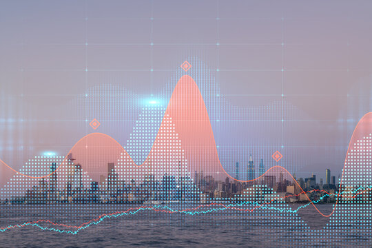Financial graph overlaying New York skyline at sunset for business insights.