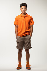 Fototapeta premium a man in orange color casual outfit standing in the studio with isolated background