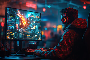 Gamer immersed in futuristic action at an esports event in neon lights