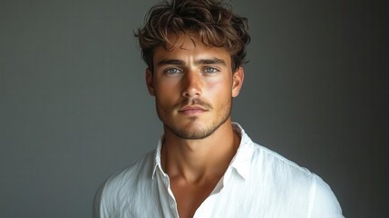 Obraz premium young man in a crisp white shirt striking a pose against a neutral gray background exuding confidence and style perfect for a fashion editorial shot