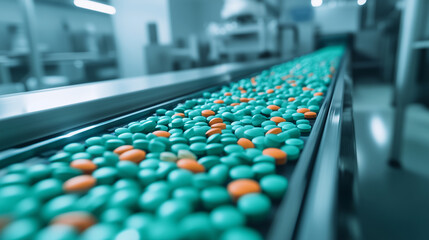 Obraz premium A close-up of a conveyor belt filled with green, orange, and blue tablets, with the sterile white walls of the lab providing a clinical backdrop to the automated production process