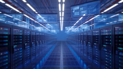 Obraz premium a high-tech data warehouse, featuring rows of modern servers with blinking lights in a vast, secure facility. Big data, data center, Server room