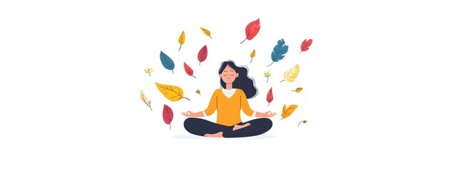 Illustration of a woman meditating, with a flat design featuring colorful elements and leaves around her