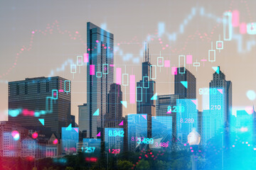 Financial chart overlaying Chicago skyline during sunset.