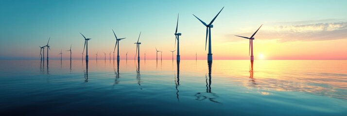 Futuristic Offshore Wind Farm, showcasing large turbines against a vibrant seascape, emphasizing renewable energy innovation and sustainability