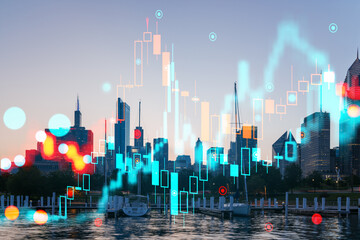Financial chart overlay on Chicago skyline at dusk.
