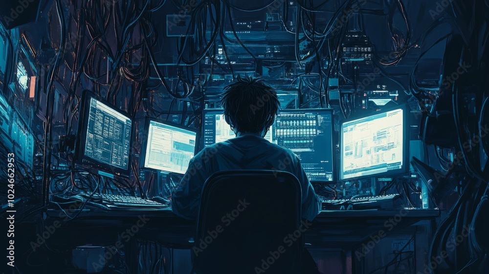 Poster a hacker working on bypassing network security, dim lighting and a maze of cables and monitors surro