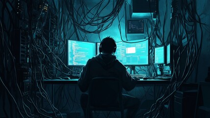 A hacker working on bypassing network security, dim lighting and a maze of cables and monitors surrounding them