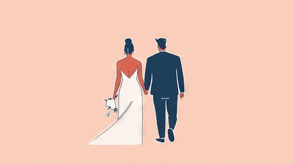   Man and woman stand together against pink backdrop with 'marriage' written