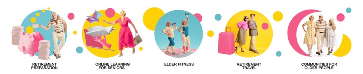 Diverse senior lifestyles. Retirement preparation, online learning for seniors, elder fitness,...