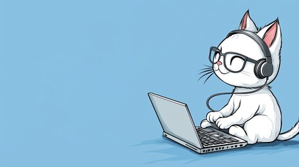Fototapeta premium Cat wearing glasses and headphones working on a laptop against a blue background