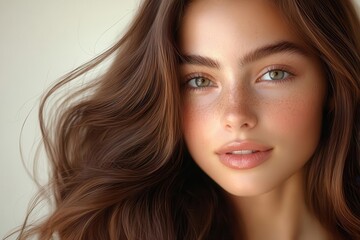 Naklejka premium young woman with sleek shiny brown hair cascading down her shoulders emphasizing beauty and hair care soft lighting highlights the smooth texture conveying a sense of elegance and vitality