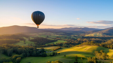 Obraz premium A hot air balloon is flying over a lush green forest. The sky is clear and the sun is shining brightly. The scene is peaceful and serene, with the hot air balloon adding a sense of adventure