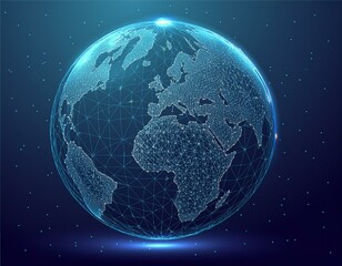 Fototapeta premium Earth globe low poly art illustration. 3d polygonal planet. Outer space concept with connected dots and lines. Cosmos exploring. Solar system body, moon and earth vector color wireframe mesh