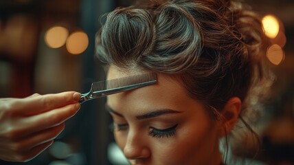 Obraz premium Woman Getting Hair Styled with Razor Comb in Salon, Beauty and Haircare