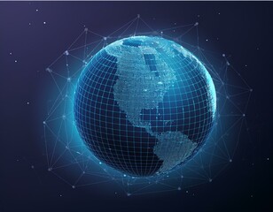 Naklejka premium Earth globe low poly art illustration. 3d polygonal planet. Outer space concept with connected dots and lines. Cosmos exploring. Solar system body, moon and earth vector color wireframe mesh
