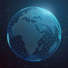 Naklejka premium Earth globe low poly art illustration. 3d polygonal planet. Outer space concept with connected dots and lines. Cosmos exploring. Solar system body, moon and earth vector color wireframe mesh