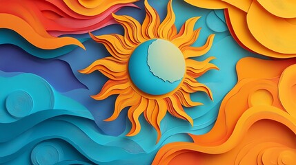 Layered paper cut abstract sun and moon design with asymmetrical celestial elements, paper cut sun and moon, abstract celestial art