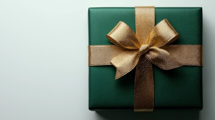 Christmas gift wrapped in green with golden ribbon