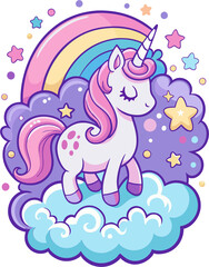 Fototapeta premium Beautiful unicorn on clouds with stars illustration