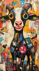 Tableau sur plexiglas    A goat in a field with vibrant splatters across its face and body  © Sonya
