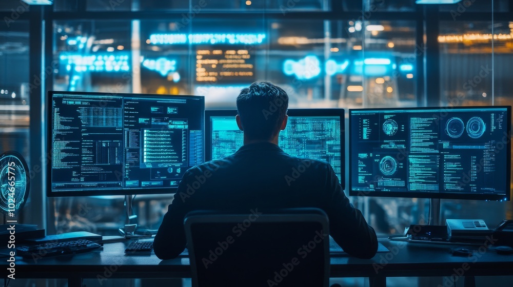 Poster hacker in a high-tech environment, multiple monitors filled with data, encrypted codes, and a focus 
