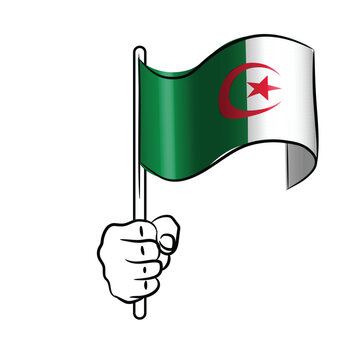 recommend clip art: Scalable and editable eps vector Outline line stroke contour art of hand holding national waving flag of algeria
