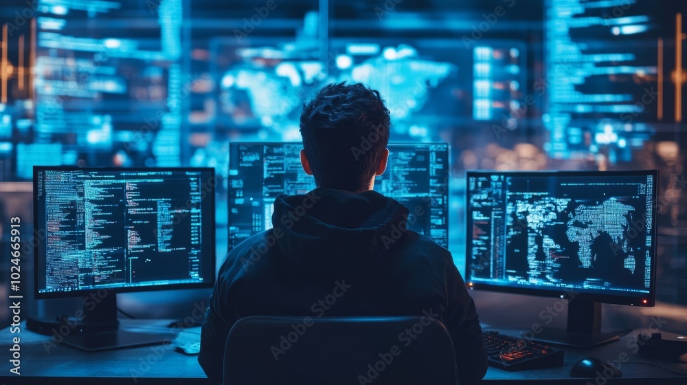 Poster Hacker in a high-tech environment, multiple monitors filled with data, encrypted codes, and a focus on breaching network systems.