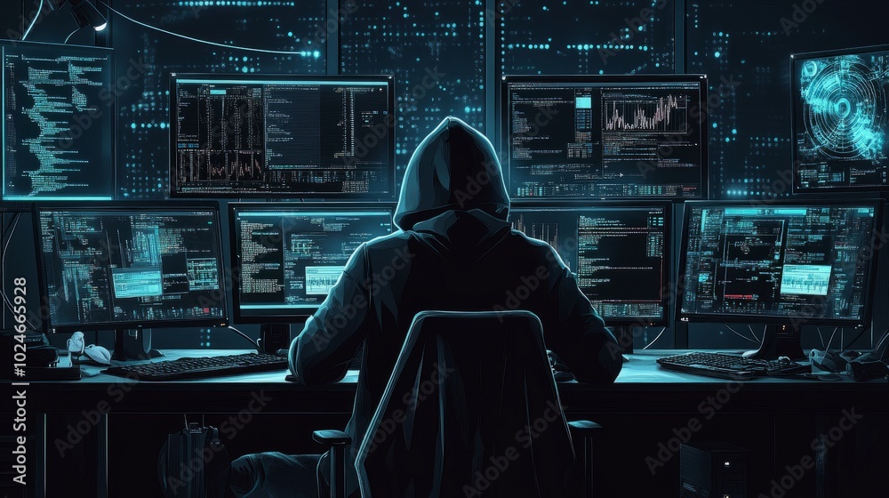 Poster hacker in a hoodie working in a dark room, multiple monitors displaying breached firewalls and secur