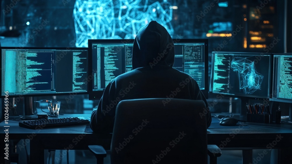 Poster hacker in a hoodie working in a dark room, multiple monitors displaying breached firewalls and secur