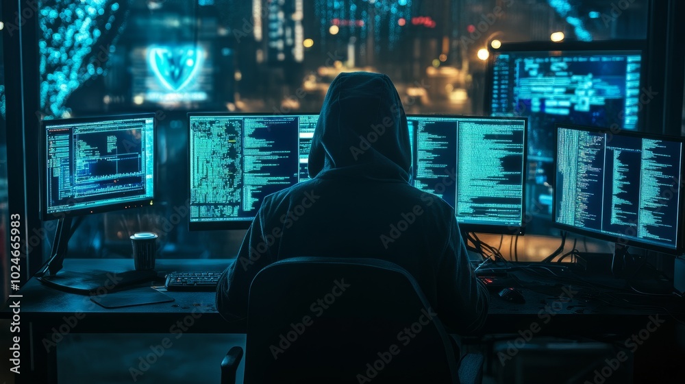 Poster hacker in a hoodie working in a dark room, multiple monitors displaying breached firewalls and secur